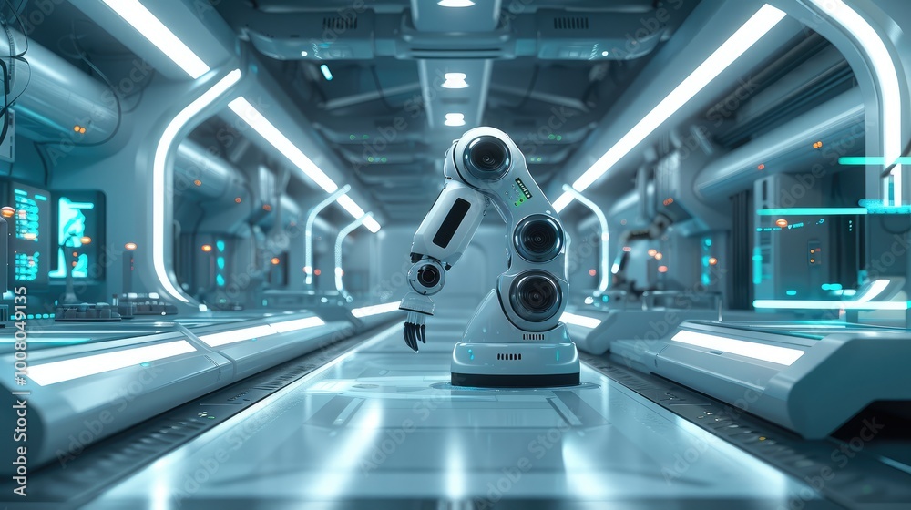 Poster A sleek, modern industrial environment showing a futuristic factory floor with advanced robotic arms and AI-driven interfaces displayed on transparent screens.
