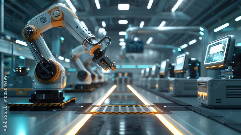 Poster A sleek, modern industrial environment showing a futuristic factory floor with advanced robotic arms and AI-driven interfaces displayed on transparent screens.