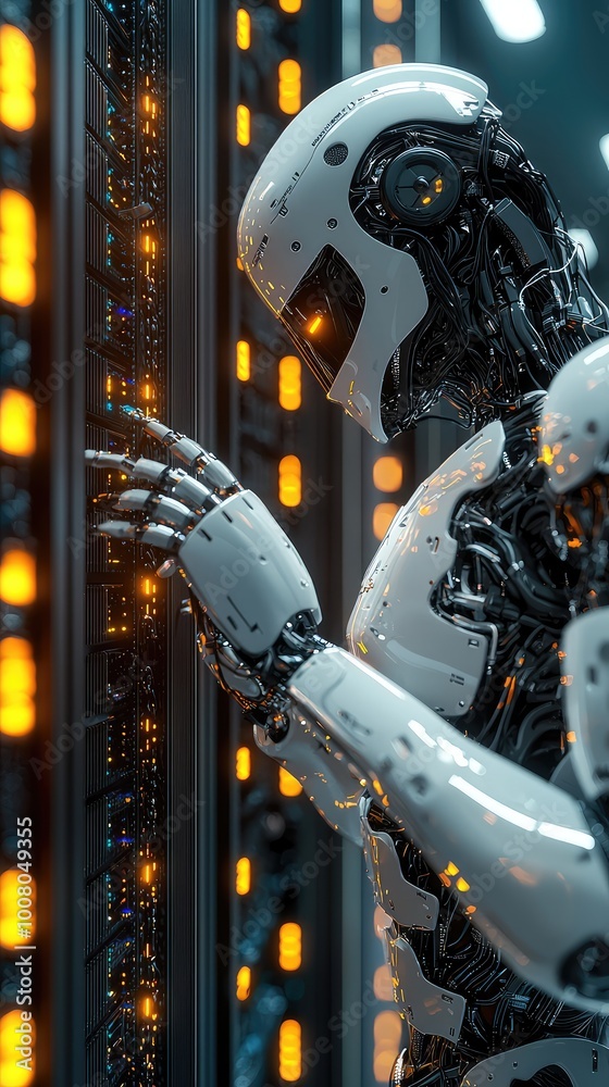 Poster futuristic robot interacting with a high-tech server, showcasing advanced technology and artificial 