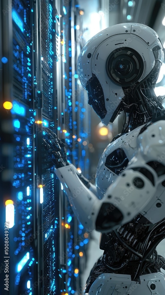 Poster futuristic robot interacting with a high-tech server, representing advanced technology in data manag