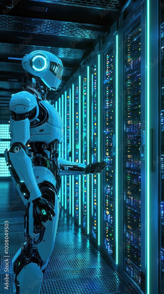 Poster futuristic robot interacting with advanced server technology in a cybernetic environment, showcasing