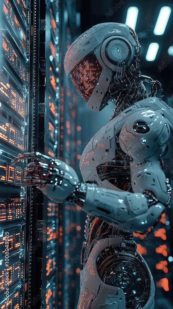 Poster futuristic robot interacting with advanced technology in a neon-lit environment, showcasing innovati