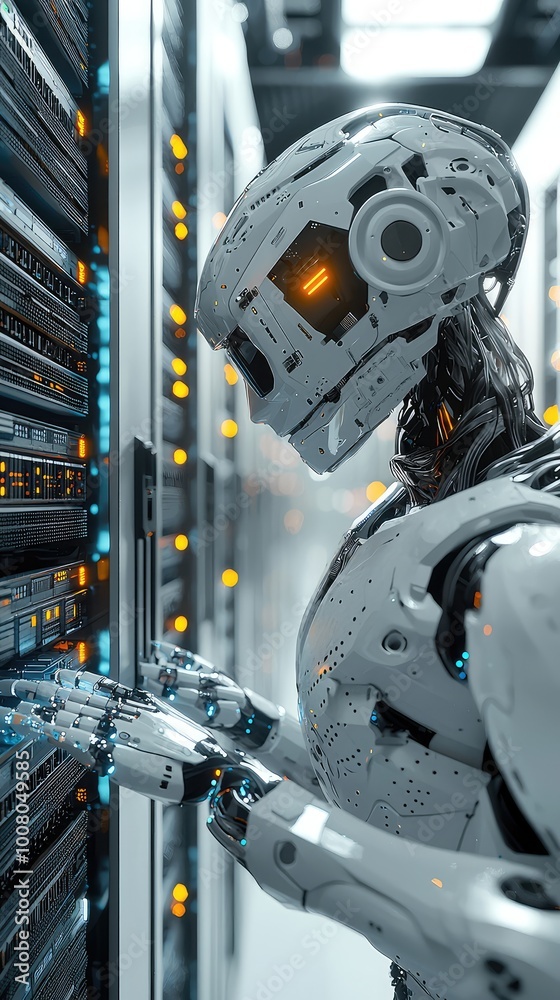 Poster futuristic robot interacting with data servers in a high-tech data center, showcasing advanced techn