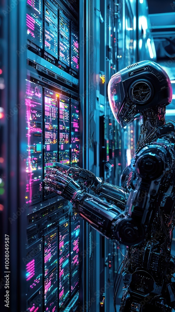 Poster futuristic robot interacting with data servers in a high-tech environment, showcasing advanced techn
