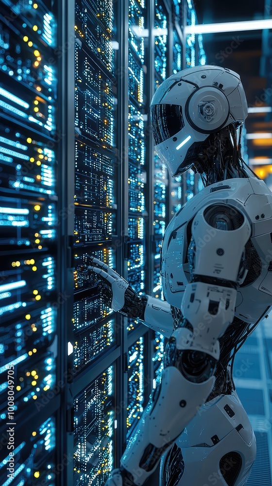 Poster futuristic robot interacting with digital server technology in a high-tech environment, showcasing a