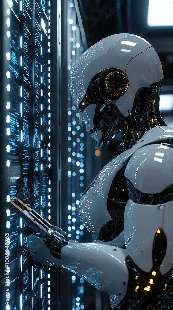 Poster futuristic robot interacting with high-tech data server, showcasing advanced technology and innovati