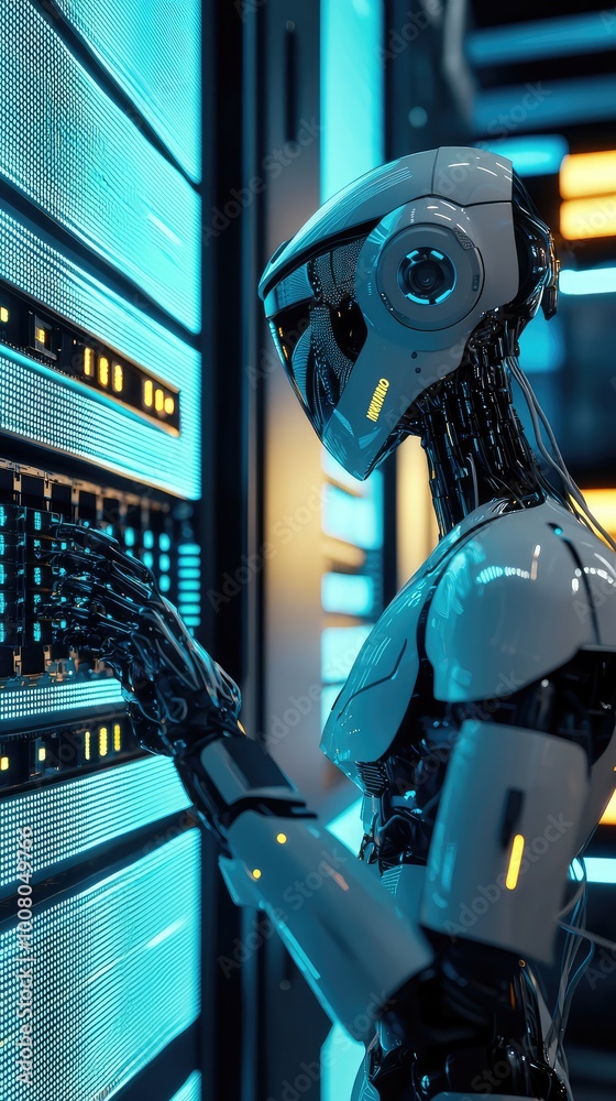 Poster futuristic robot interacting with high-tech server equipment in a data center, symbolizing advanced 