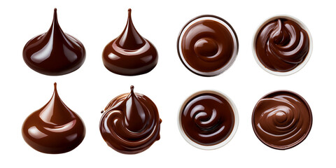 Chocolate drops, dark brown liquid glossy ganache sauce or syrup blobs, png collection isolated on transparent background
