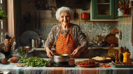 Old italian Grandma, Nonna stands in the kitchen, cooking italian traditional food and smiling into the camera, people lifestyle woman photography