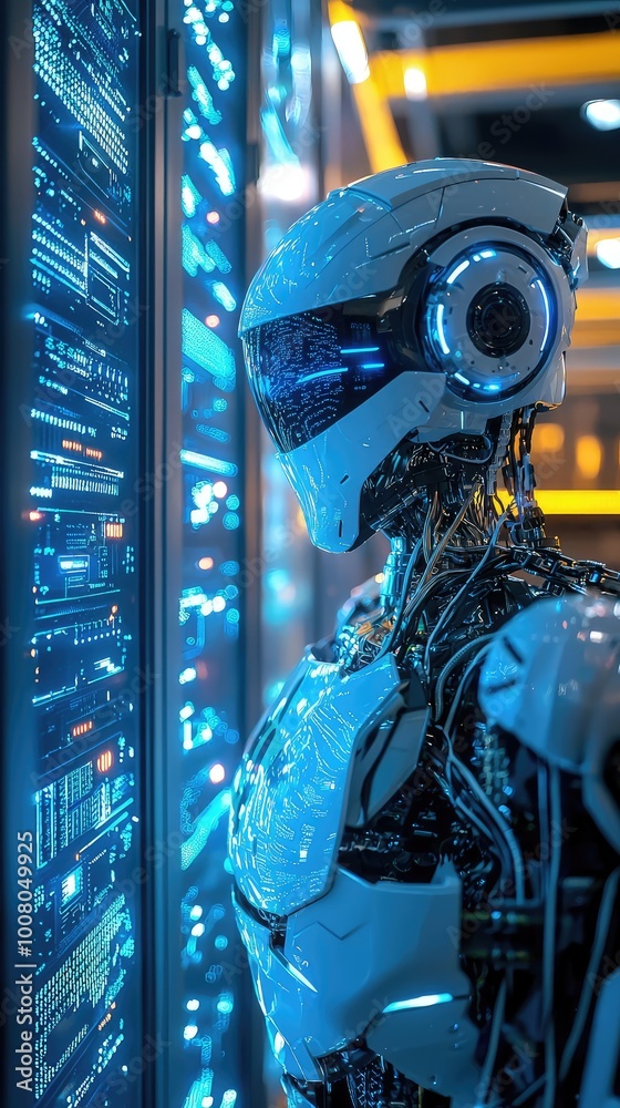 Poster futuristic robot interface technology with glowing elements, displaying advanced circuits and vibran