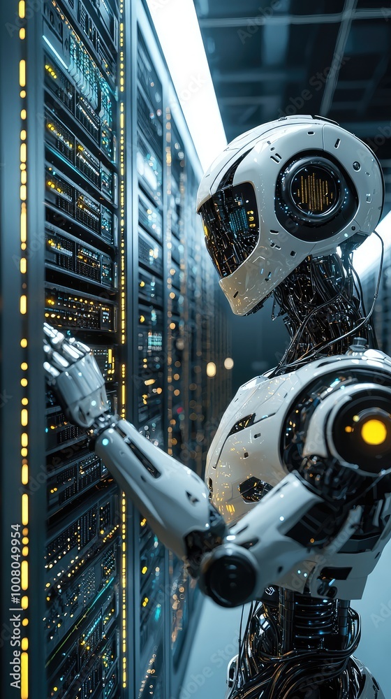 Poster futuristic robot managing data servers, showcasing advanced technology and automation in a digital e