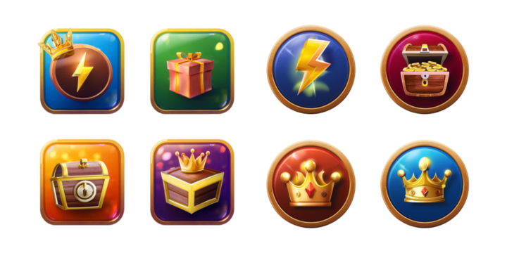 Cartoon ui game slot icon set with crown. Gift box, treasure chest, refresh button and lightning energy sign illustration