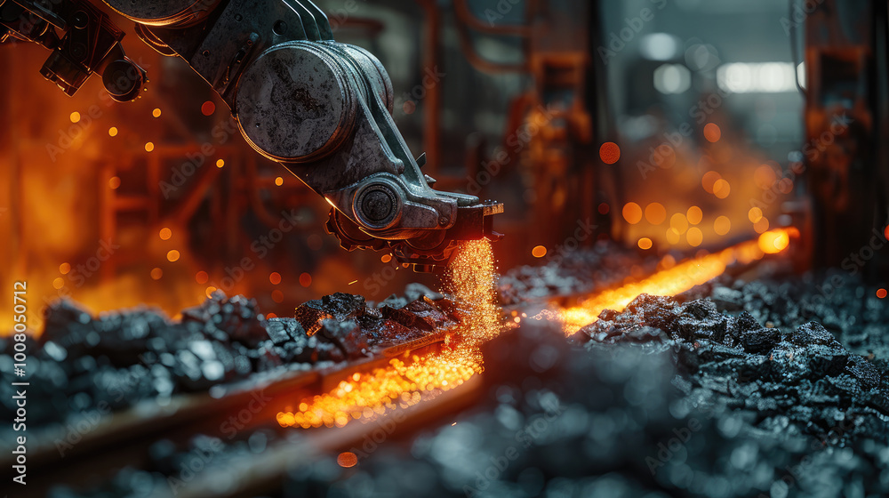 Poster robotic arm delicately extracting glowing red metal from a furnace, every movement precise and calcu
