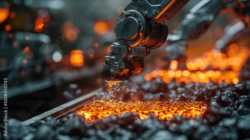 Poster Robotic arm delicately extracting glowing red metal from a furnace, every movement precise and calculated.