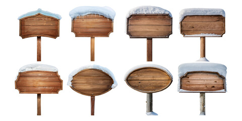 Winter wood sign board with snow banner, png collection isolated on transparent background