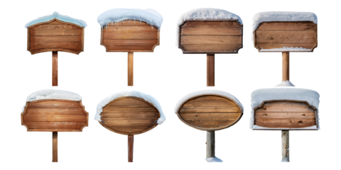 Winter wood sign board with snow banner, png collection isolated on transparent background