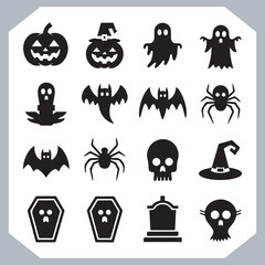 Obraz premium Set of logotype different type of black simple Halloween vector illustration silhouettes in white background, collection of Halloween silhouettes