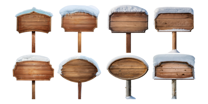 Winter wood sign board with snow banner, png collection isolated on transparent background - Powered by Adobe
