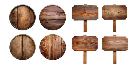 Wooden Signs and Barrels Collection for Design Projects, png collection isolated on transparent background