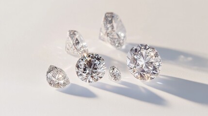 Multiple loose diamonds with varying sizes arranged neatly on a clean white background, sparkling brilliantly.