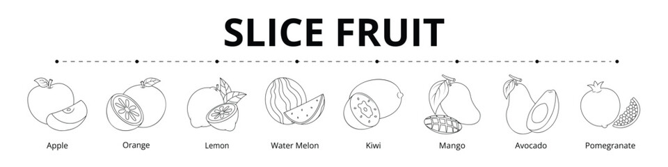 Slice Fruit Line Banner Web Icon Set Vector Illustration, Apple Orange Lemon Watermelon Kiwi Mango Avocado Pomegranate