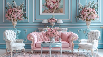 A Victorian living room in pastel pink and blue colors with pastel wall paintings and pastel sofa chairs. A vintage table in the middle holds a pastel lamp on top and beautiful flowers in a vase.