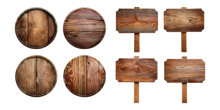 Wooden Signs and Barrels Collection for Design Projects, png collection isolated on transparent background