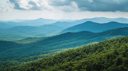 Fototapeta premium Dramatic mountains stretching across the horizon, with deep green forests in the foreground and soft, light green meadows fading into the distance.