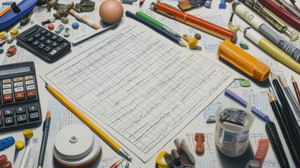 Multiple-choice exam sheet filled with pencil marks, surrounded by erasers, pens, and calculators.