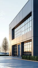 Fototapeta premium Modern architectural design of an office building with large glass windows, surrounded by greenery and a clear blue sky.