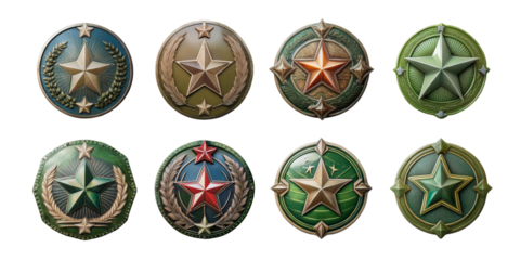 Vintage Military Badges Collection with Star Emblems, png collection isolated on transparent background