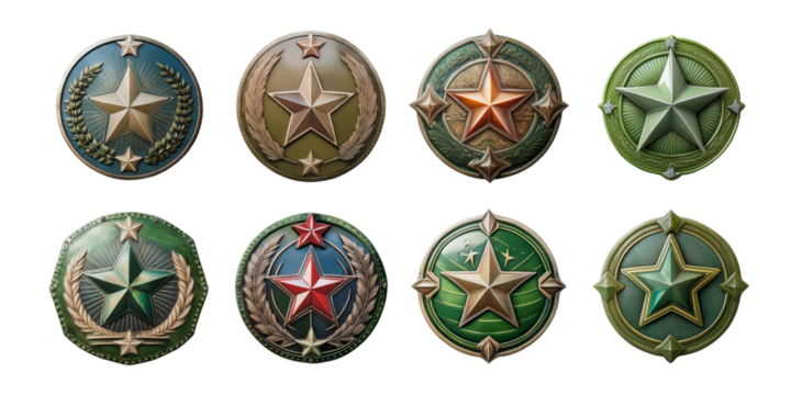 Vintage Military Badges Collection with Star Emblems, png collection isolated on transparent background