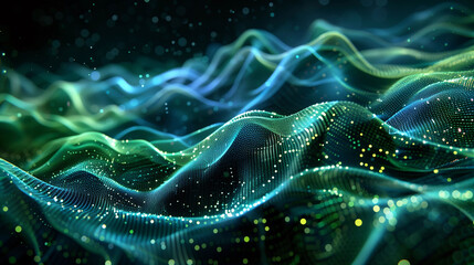 Abstract background Neon Green and Blue Wave-Like Data Streams on a Dark Background, Symbolizing the Flow of Information in Artificial Intelligence Systems with Futuristic and Technological Elements