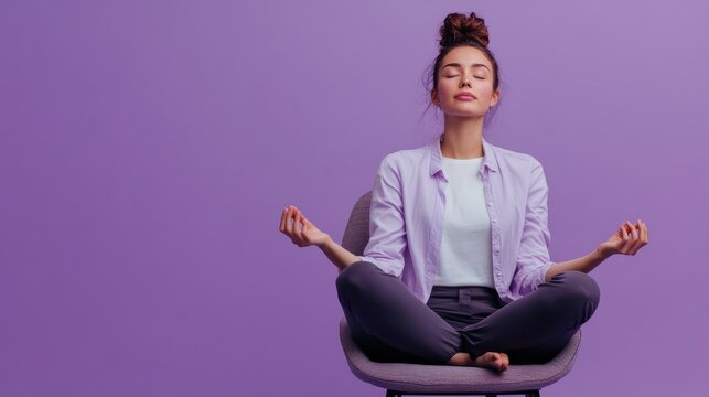 simply woman meditating on an office chair isolated over purple color background