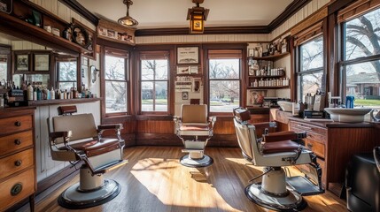 Classic barber shop with a vintage feel, featuring leather chairs, wood accents, and nostalgic grooming tools, with sunlight coming in through clear windows