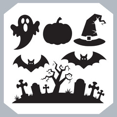 Set of logotype different type of black simple Halloween vector illustration silhouettes in white background, collection of Halloween silhouettes