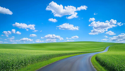 A serene landscape featuring a winding road through vibrant green fields under a bright blue sky with scattered clouds.