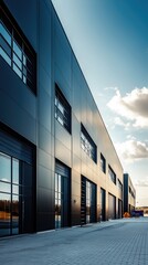 Obraz premium Modern industrial building with sleek black facade, large windows, and clear blue sky, perfect for architectural or business projects.