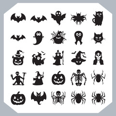 Set of logotype different type of black simple Halloween vector illustration silhouettes in white background, collection of Halloween silhouettes