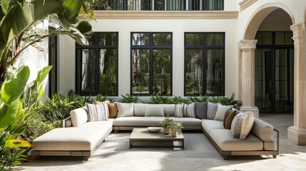 Comfortable patio with a sectional couch, decorative pillows, armchairs, and lush greenery, with clear windows in view