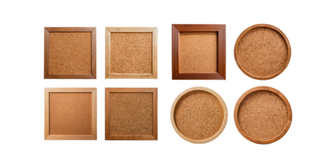 realistic 3d cork board with wood frame, png collection isolated on transparent background