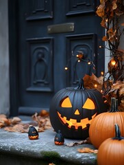 Obraz premium Atmospheric Halloween Pumpkin and Autumn Leaves on Wooden Doorstep