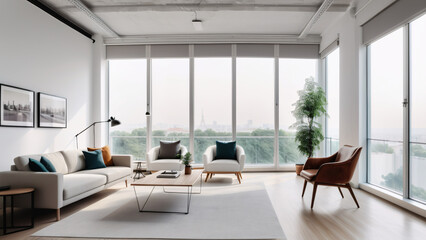 Fototapeta premium Modern Living Room with Panoramic City Views