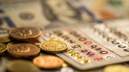 Golden lottery ticket with sparkling numbers, surrounded by coins and dollar bills, symbolizing a life-changing jackpot win and the excitement of potential wealth.