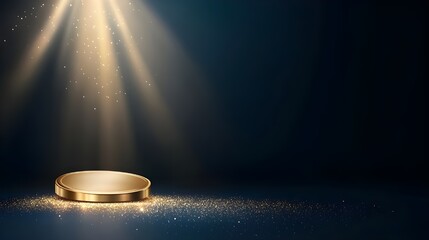 Gold award podium. Empty 3d golden stage with glowing light rays on glitter floor. Luxury product presentation, glamour design beauty industry, winner ceremony. Abstract vector illustration on black