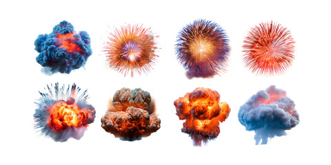 Magic explosion, game bomb boom effect with colorful clouds, smoke and fume. Fire blast, weapon shot, png collection isolated on transparent background