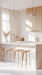 Modern kitchen interior featuring wood accents, marble countertops, and minimalist decor, bathed in natural light.