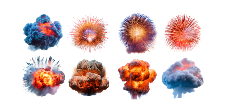 Magic explosion, game bomb boom effect with colorful clouds, smoke and fume. Fire blast, weapon shot, png collection isolated on transparent background