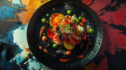 Top view of a fine dining vegan dish, artistically plated with abstract vegetable carvings and vivid sauces, in a surrealistic style