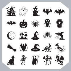 Set of logotype different type of black simple Halloween vector illustration silhouettes in white background, collection of Halloween silhouettes